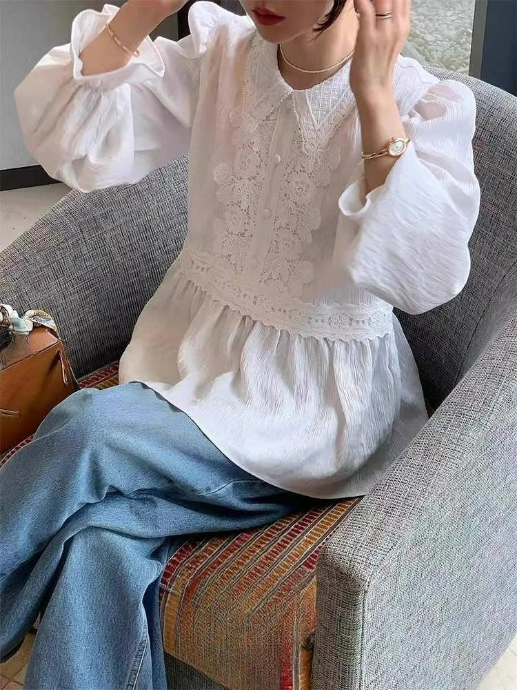 

Korean Chic Autumn New Niche Design Lace Patchwork Causal Patchwork Ruffle Edge Doll Shirt for Women