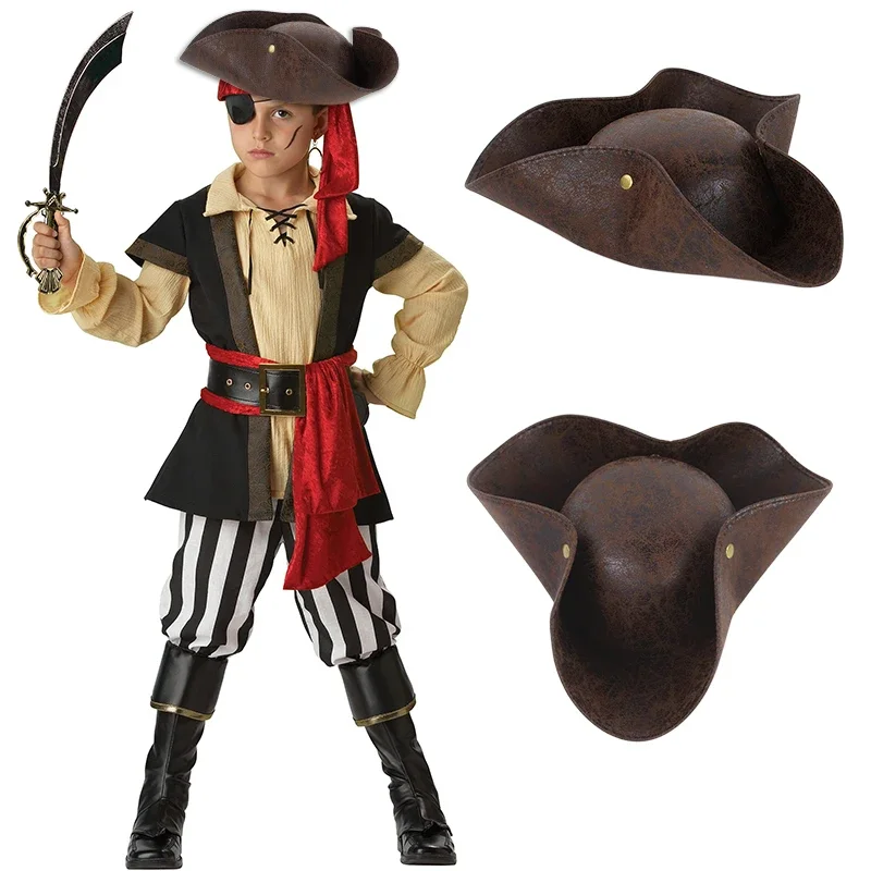 Cosplay Masquerade Faux Leather Brown Distressed Hats Tricorn Pirate Party Costume Halloween Captain Cowboy Accessories Caps