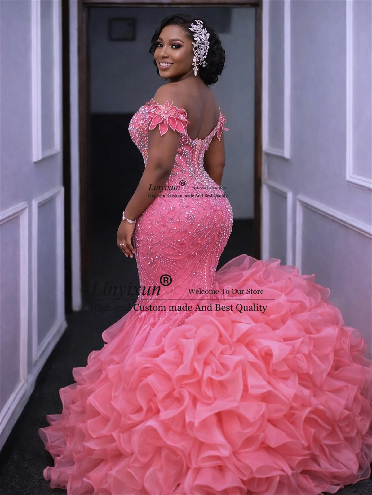 Aso Ebi Mermaid Prom Dresses Customized 3D Floars Sequins Diamond Evening Gala Gowns African Dubai Ruffles Wedding Party Dress