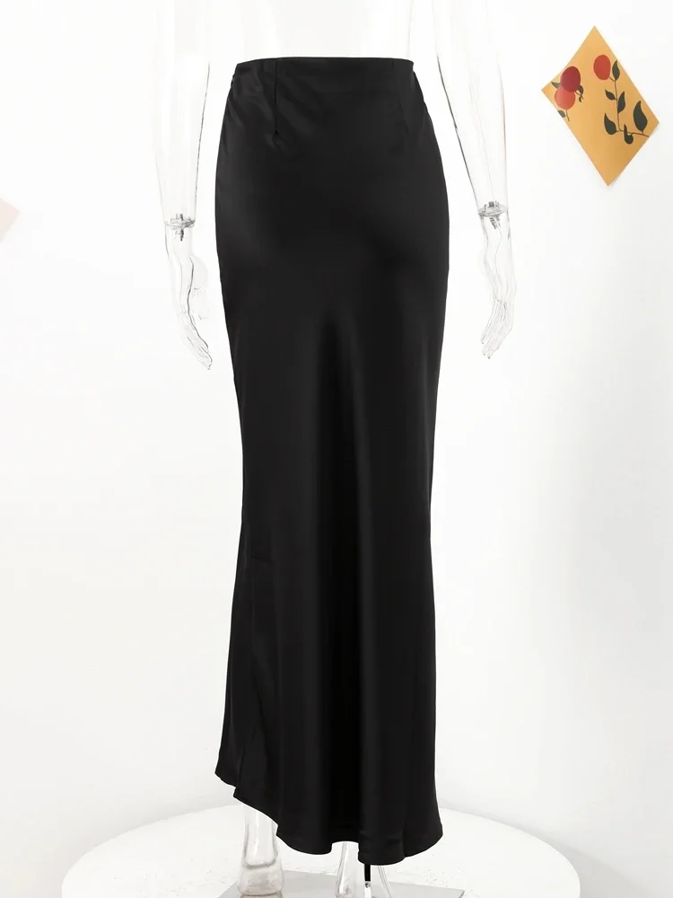 Fashion Satin Black Long Skirt For Women Y2K Spring High Waist Hip Package Skirts Female 2023 New Casual Loose Skirt Streetwear