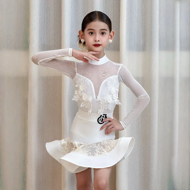 Terno de dança latina para meninas, conjunto de saia de desempenho de prática avançada para outono e inverno com terno de sentido