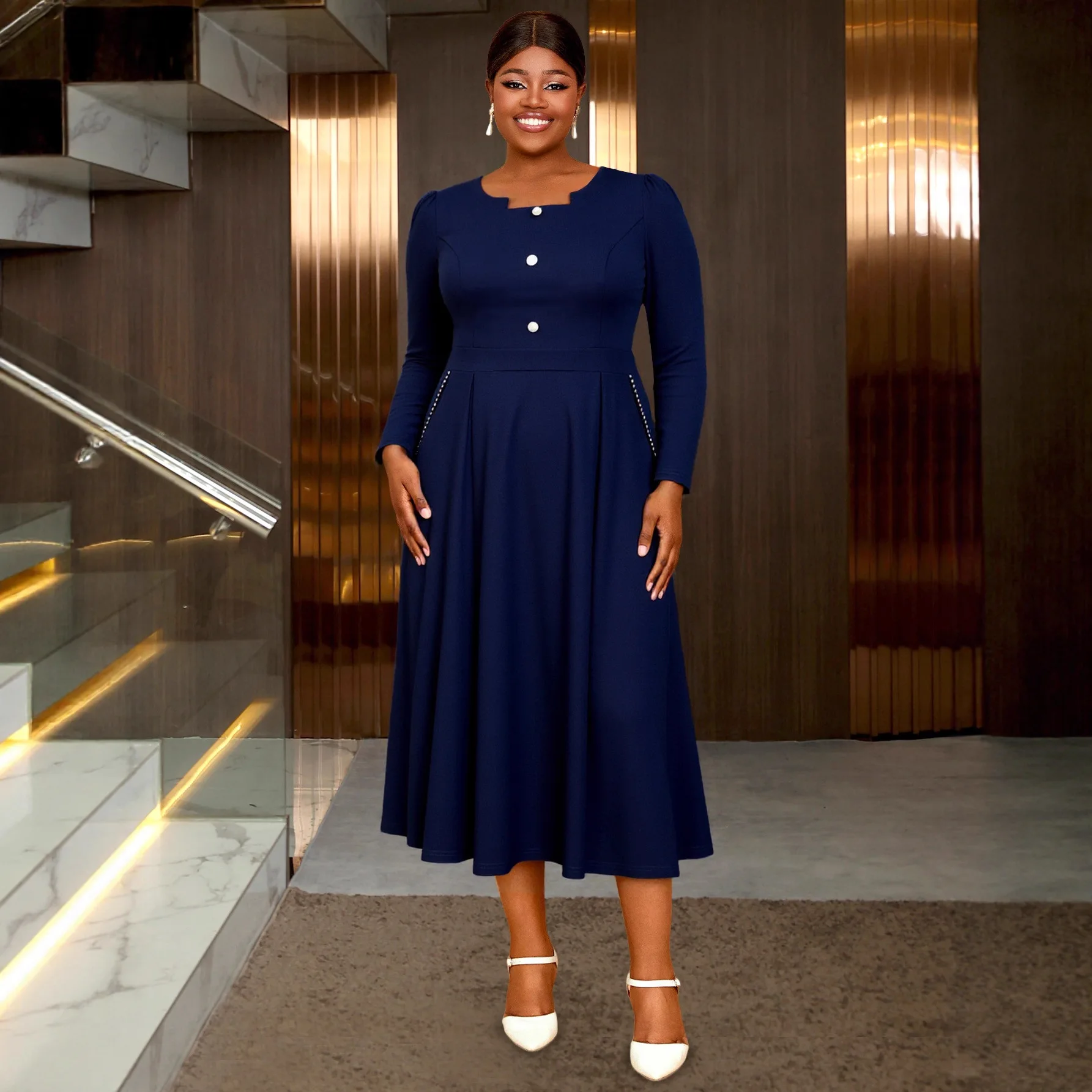 

L-4XL Plus Size African Dresses for Women Autumn Elegant Africa Long Sleeve Polyester Midi Dress Dashiki African Clothes Outfits