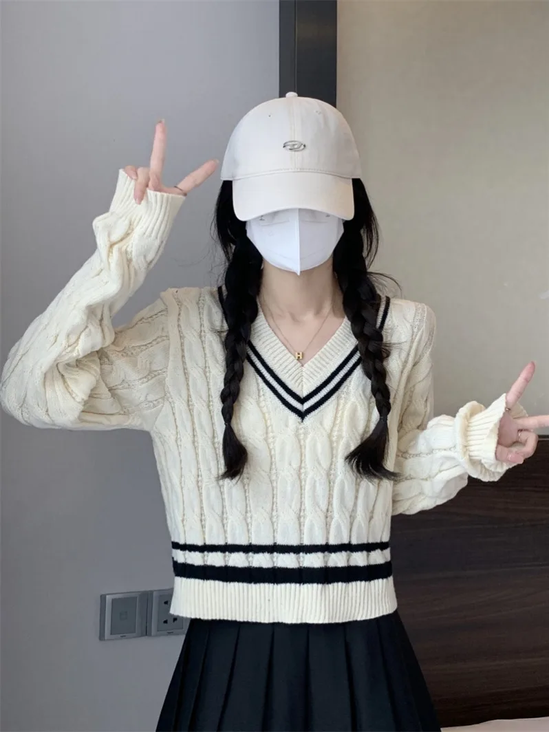 Koreanische Sle Anti-Aging College Sle V-Ne Weiche Pullover frauen Herbst Winter ort Design Streifen Gestrickte Basis irt top