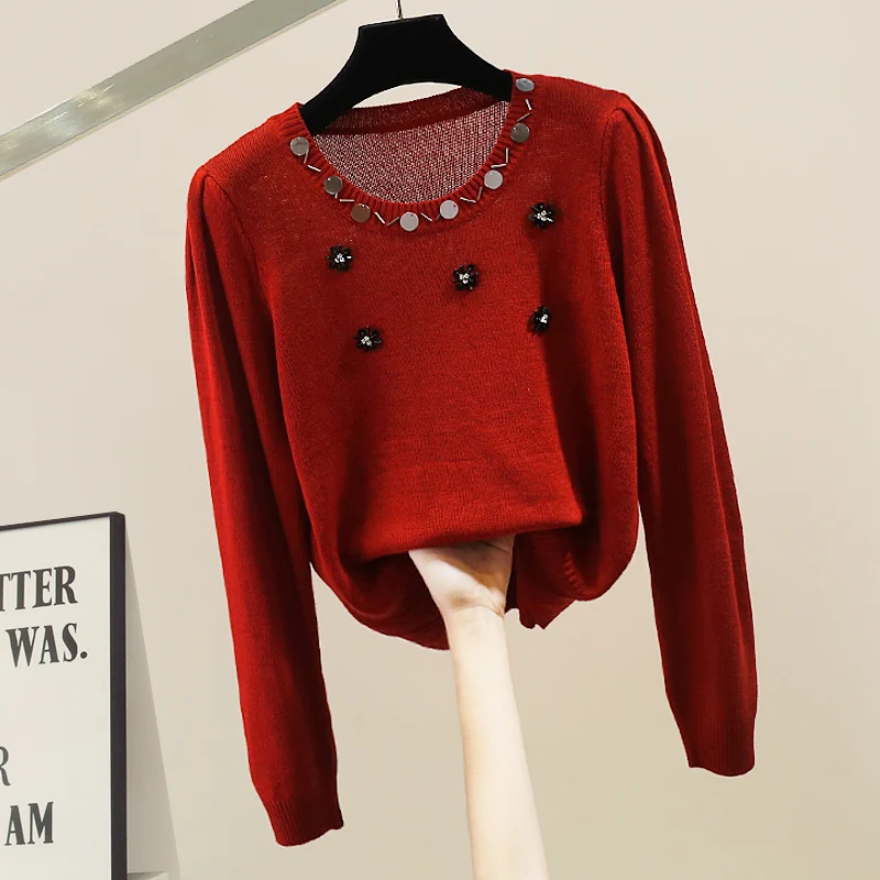 

Faionable Heavy-Du Beaded round Ne Knitwear Women's Loose Long Sve Top Trendy Comfortable Warm Autumn Winter Sweater