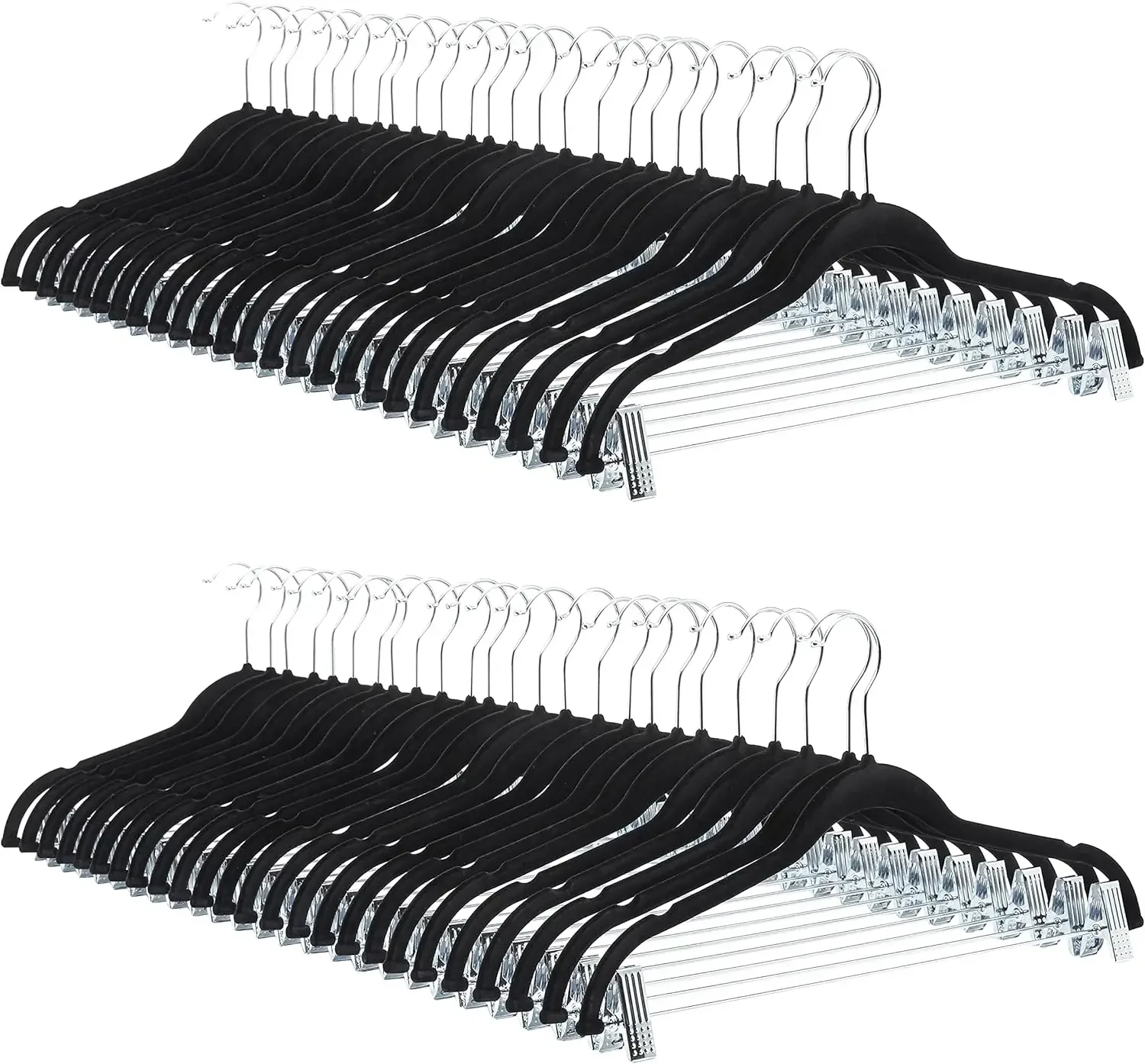 Velvet, Non-Slip Skirt Clothes Hangers with Clips, Pack of 50, Black/Silver