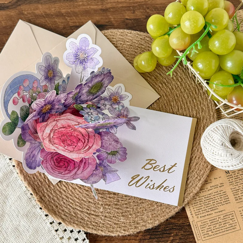 

Creative Watercolor Flower Birthday Card for Lovers: Hot-Stamped 3D Pop-Up Card with Surprise Greeting and Envelope