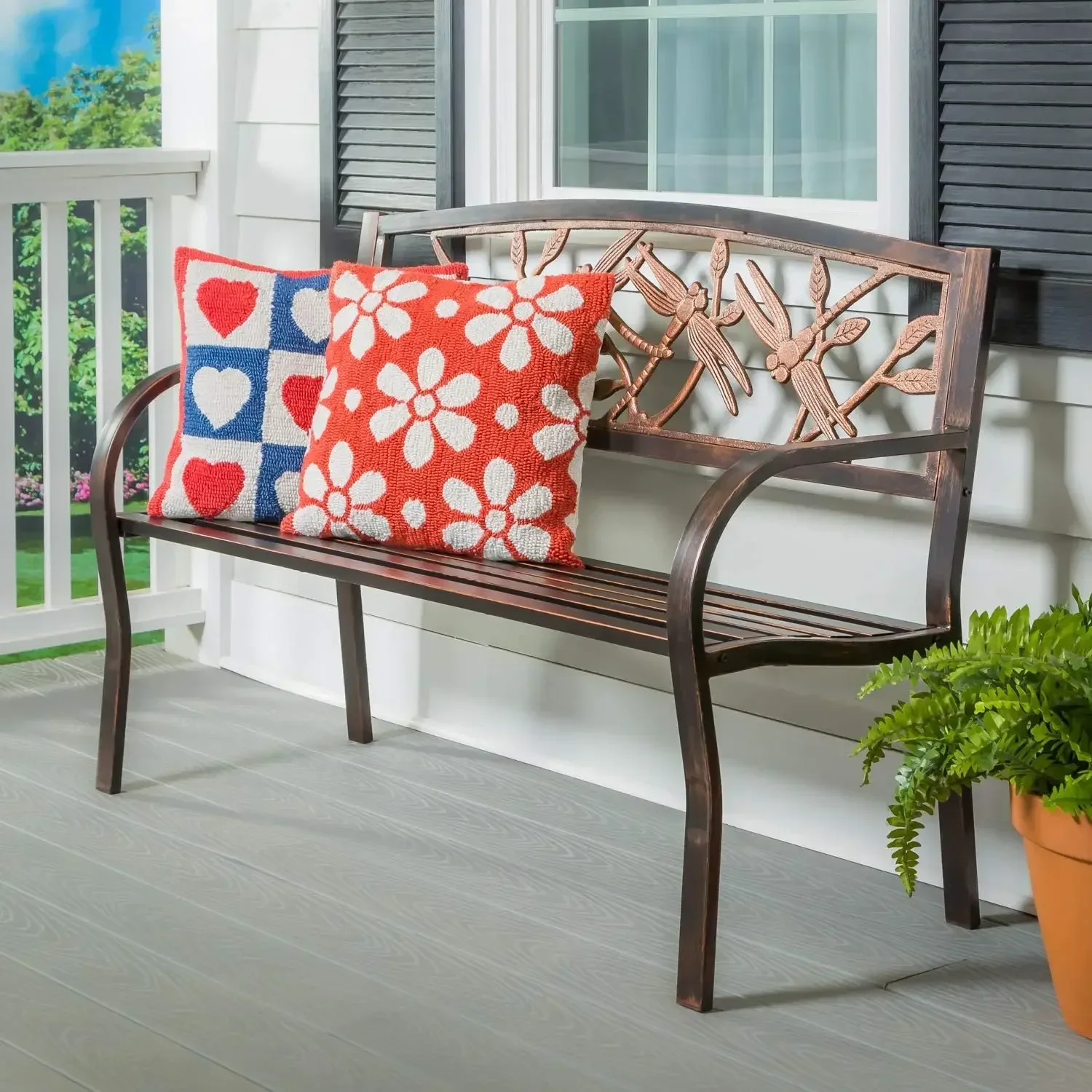 

Weatherproof Dragonfly Outdoor Bench Holds Up to 300 lbs Furniture for Lawn Garden Patio Porch Park Deck Steel Bronze