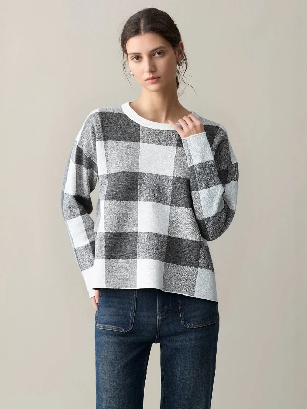 

Женский вязаный шерстяной свитер с круглым вырезом, длинными рукавами, в клетку, свободного кроя, для повседневной носки, осенний сезон