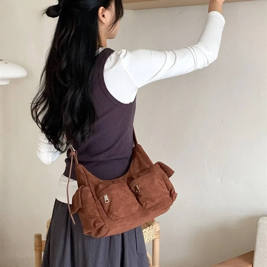 Vintage Faux suede Crossbody bag for Women Messenger bag large capacity Soft Multiple pockets female shoulder bag bolsas