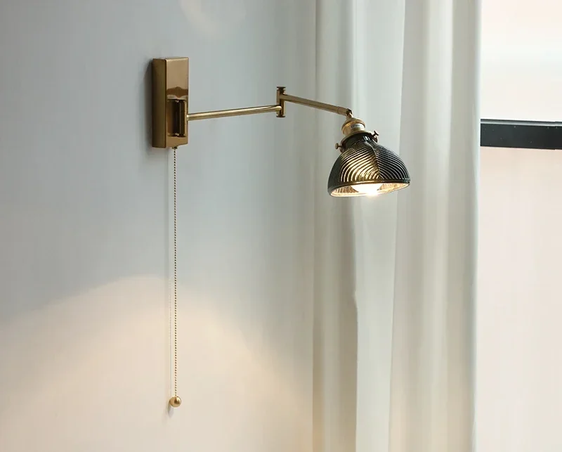 Clear Glass Copper LED Wall Lights Fixtures Pull Chain Switch Plug In Walnut Wood Canopy Bedroom Living Room Beside Lamp