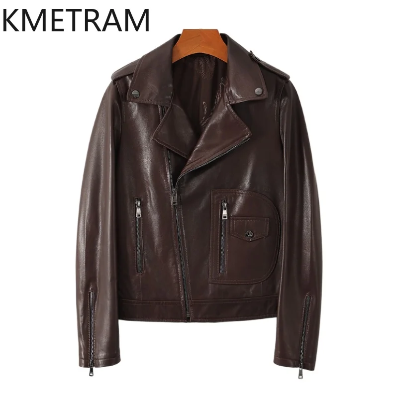 100% 탑 레이어 양피 재킷 여성 빈티지 브라운 진짜 가죽 자켓 바이커 겉옷 가을 옷 2025 여성 veste femme