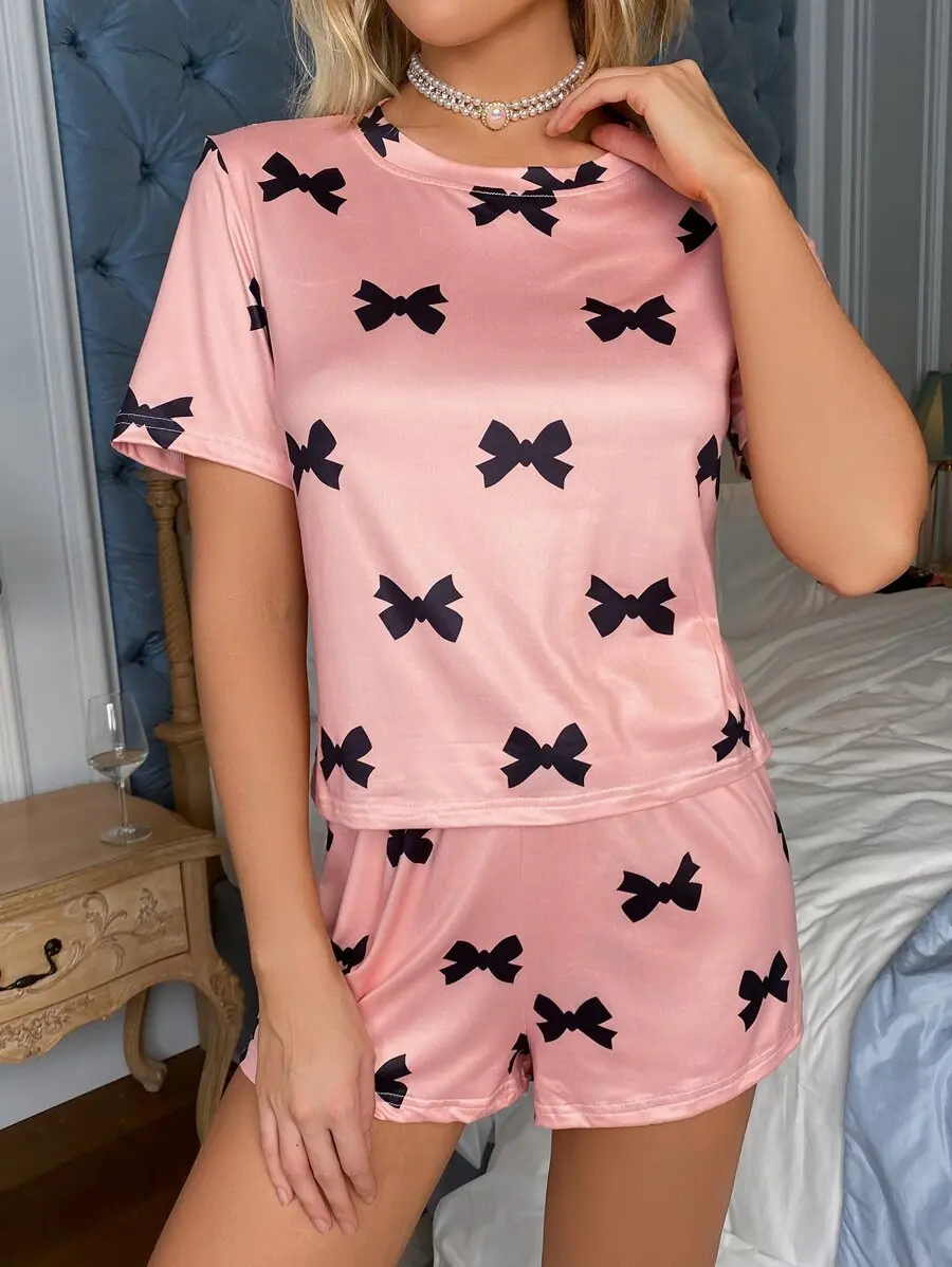 

Pink Bow Print Short Sleeve Pajama Set For Women