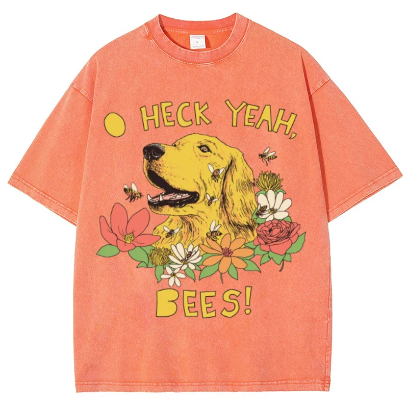 Cartoon Yellow Labrador Puppy Print Women's T-Shirt Loose Large Size Washed Short Sleeve Cute Casual Simple Style Fashion Top