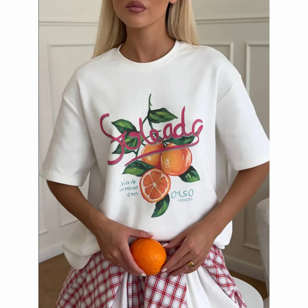 2025 تي شيرت قطني نقي أوروبي وأمريكي مطبوع فضفاض ومتعدد الاستخدامات أمريكي غير رسمي من القطن الخالص للنساء #1