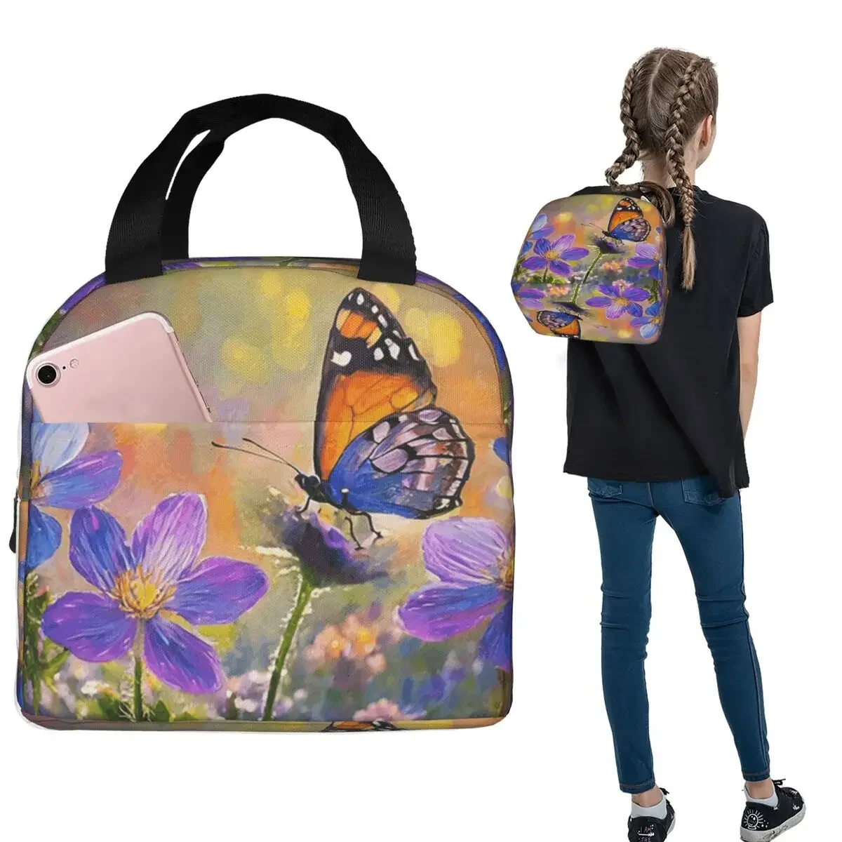 Butterfly Stands On Flowers Oil Painting Insulated Lunch Bag for Women Children Portable Food Boxes Thermal Lunch Box Tote