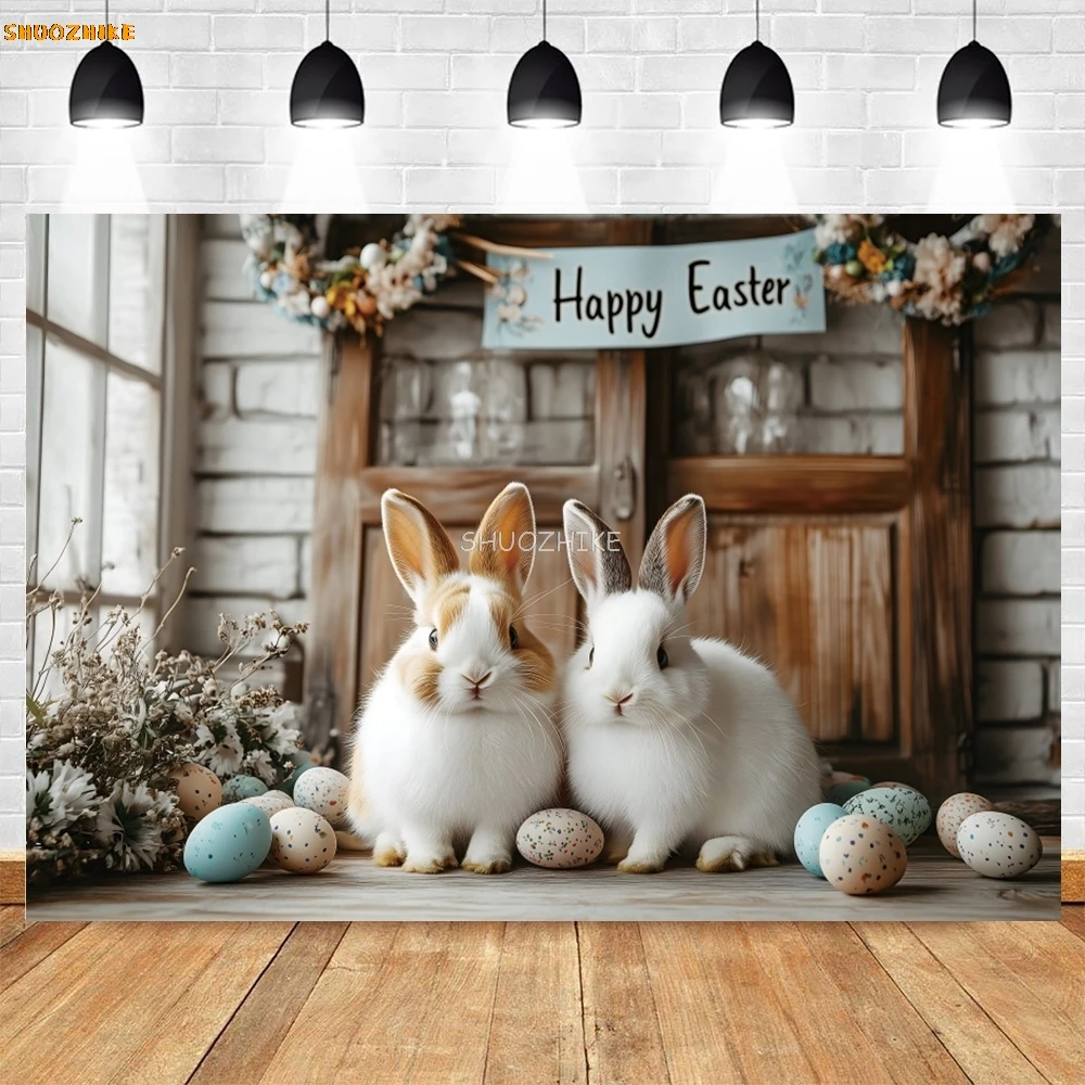 Happy Easter Rabbit Backdrop Spring Flowers Easter Eggs Birthday Party Decor Kids Portrait Photography Background Photobooth
