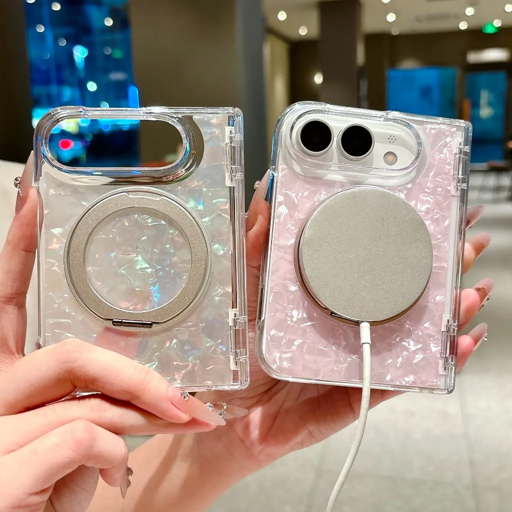 360° Rotating Kickstand Shell Pattern For Magsafe Magnetic Phone Case For iPhone Duo 18 Fold Hinge Protection Shockproof Cover