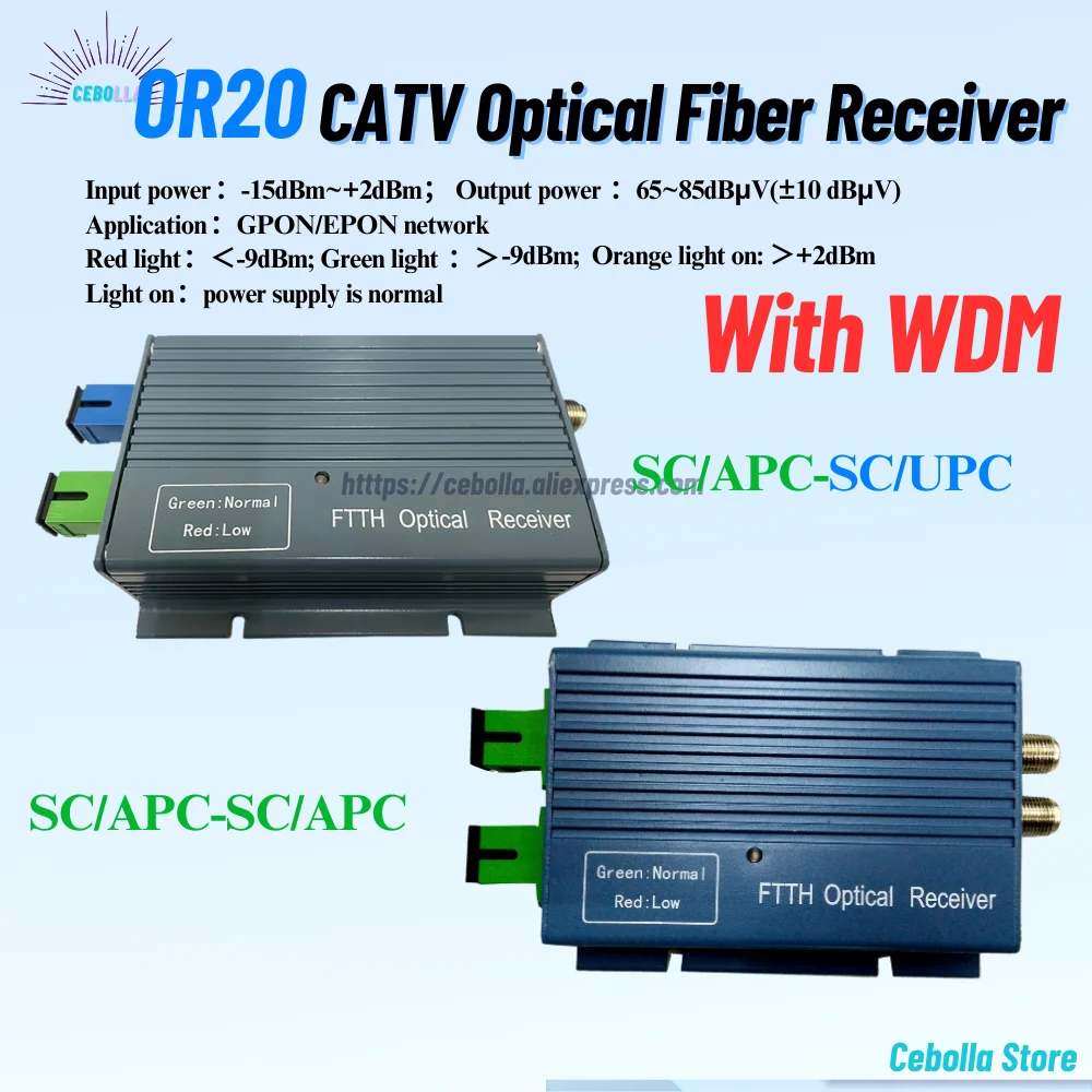 FTTH CATV ตัวรับสัญญาณแสงไฟเบอร์ระดับสูง WDM Converter Duplex Connector Mini โหมด 2 เอาต์พุต RF นิ้ว