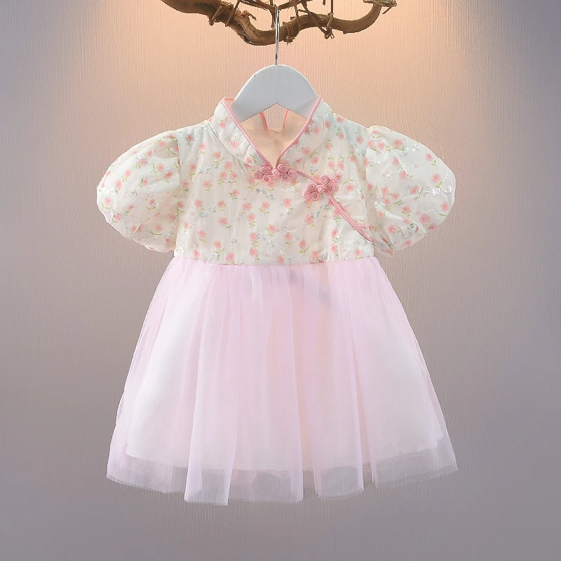 New Chinese style girl Hanfu Qipao Dress Sweet Summer Flower Preschool Princess Dress Suitable for Children and Newborns Aged0-5