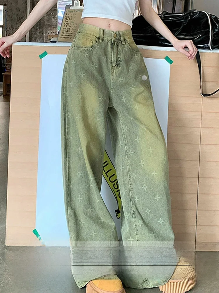 

Женские джинсы в стиле ретро с принтом крестообразного узора, большие размеры, летние, свободные, прямые, широкие штанины, с высокой талией, из денима