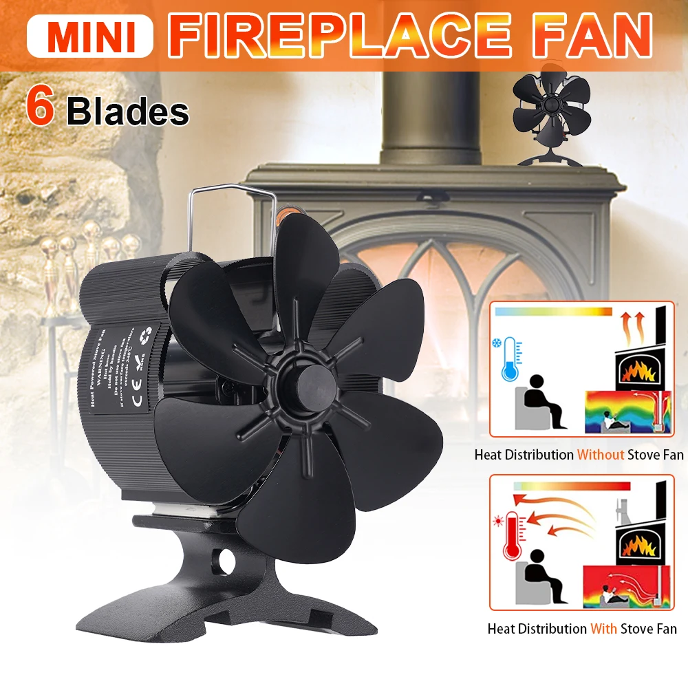 6 Blades Mini Heat Powered Stove Fan Log Wood Burner Furnace Fan Fireplace Fan ECO Low-Noise Hot Air Circulation Warmth Home