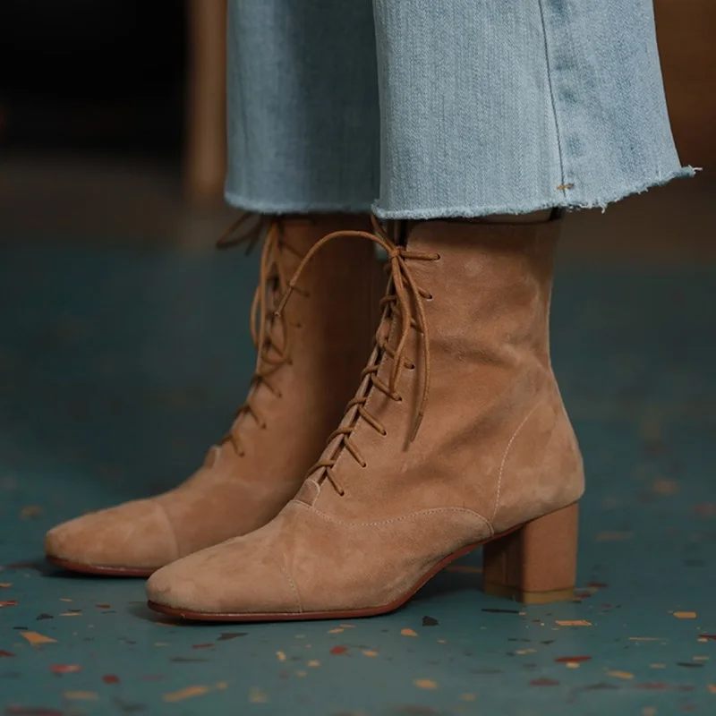 

Modern Women's Ankle Boots Winter Shoes Thick Heel Woman Boots Simple Style Women Shoes On Heel Kid Suede French Retro Shoes