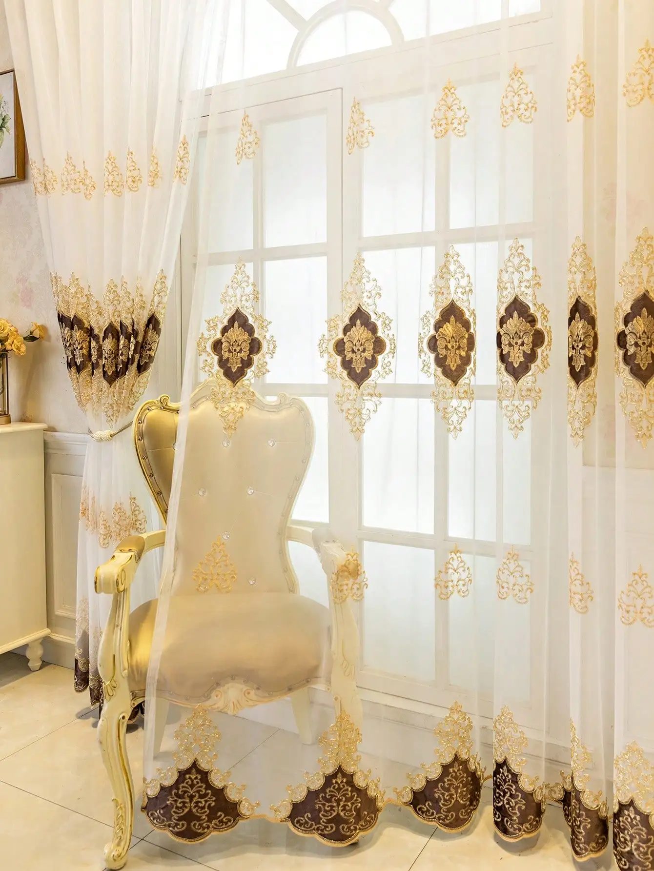 European retro exquisite embroidered gauze curtain for bedroom and living room 1PC