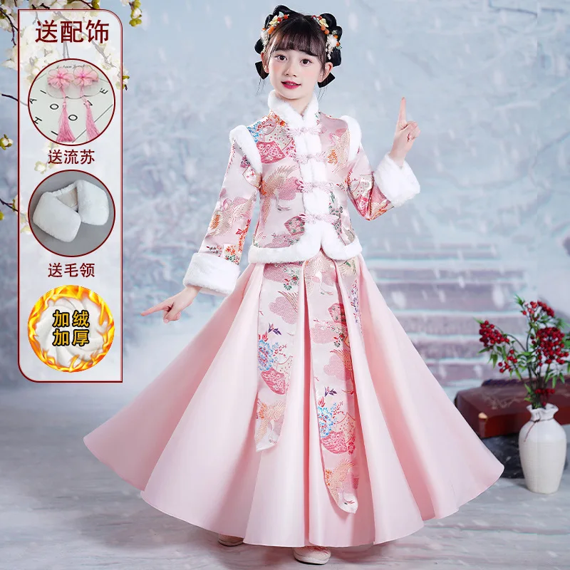 2026 Chinese winter spring Child Girls Cloth Teens Tang suit qipao Cardigan fleece velvet + skirt dress 4 10 new Year Cheongsam