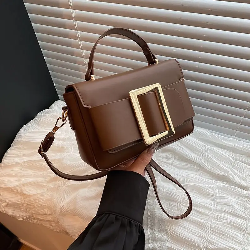 Black Coffee Brown White PU Leather Small Square Crossbody Shoulder Bag with Gold Buckle Handbag Purse Commute Phone for Women