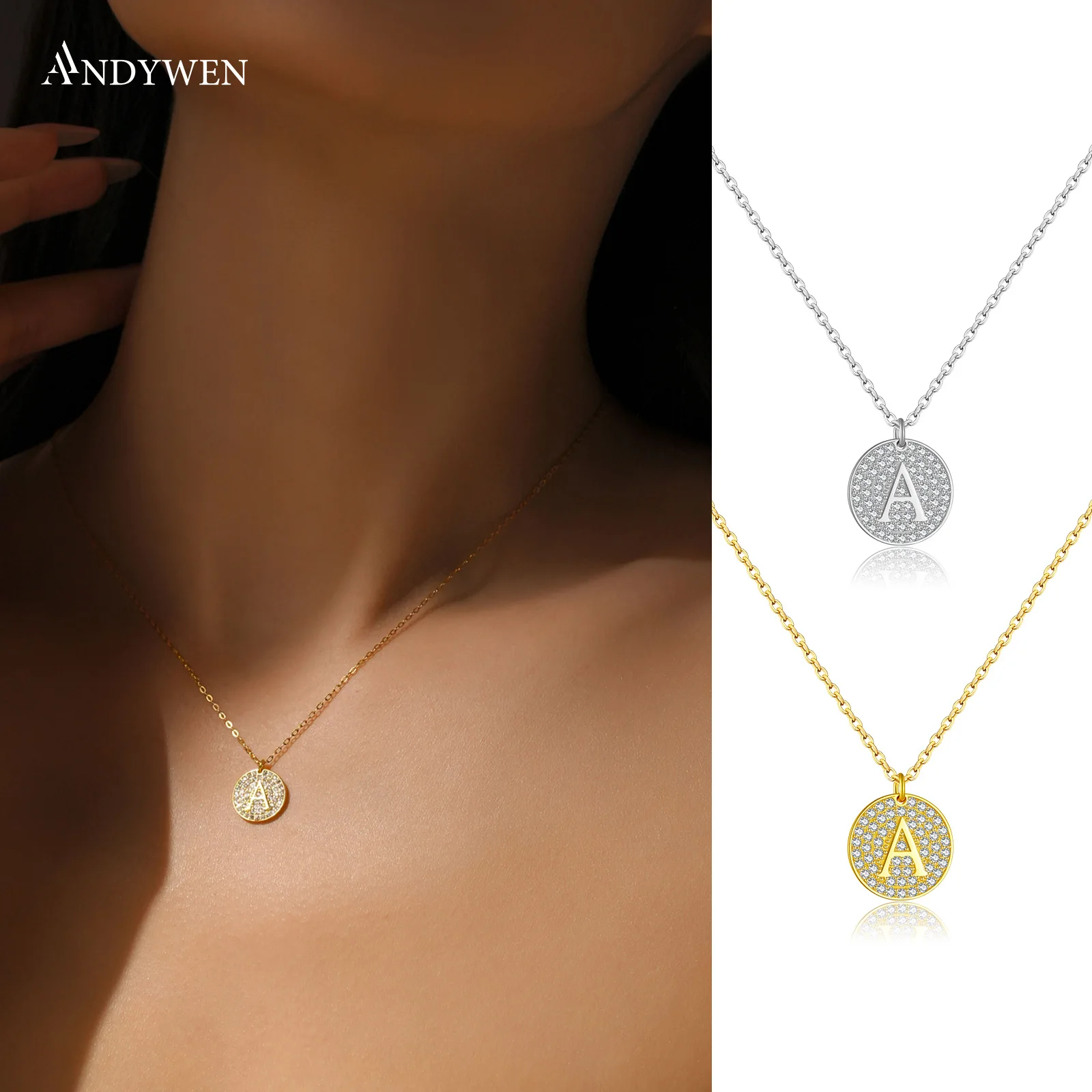 

ANDYWEN 925 Silver Letter A Pendant Necklace, Full-Cut CZ Round Charm, Personalized Jewelry for Women, Edgy Everyday Wear