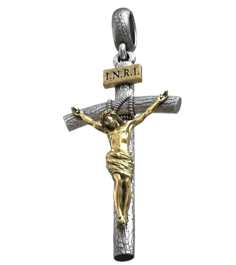 7g Jesus Christ Crucifixion Wooden Catholic Long Cross Gold PENDANT  Customized 925 Solid Sterling Silver