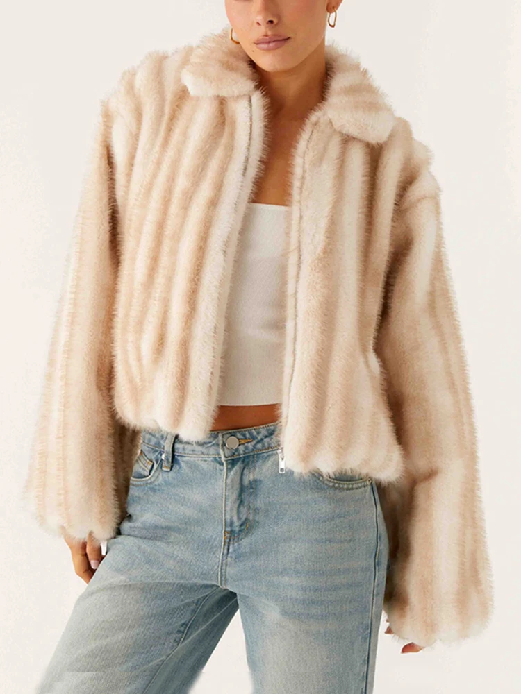 ZADORIN Роскошное зимнее пальто из искусственного меха женское с отложным воротником на молнии свободная повседневная пушистая куртка с меховым верхом женское пальто из искусственного меха