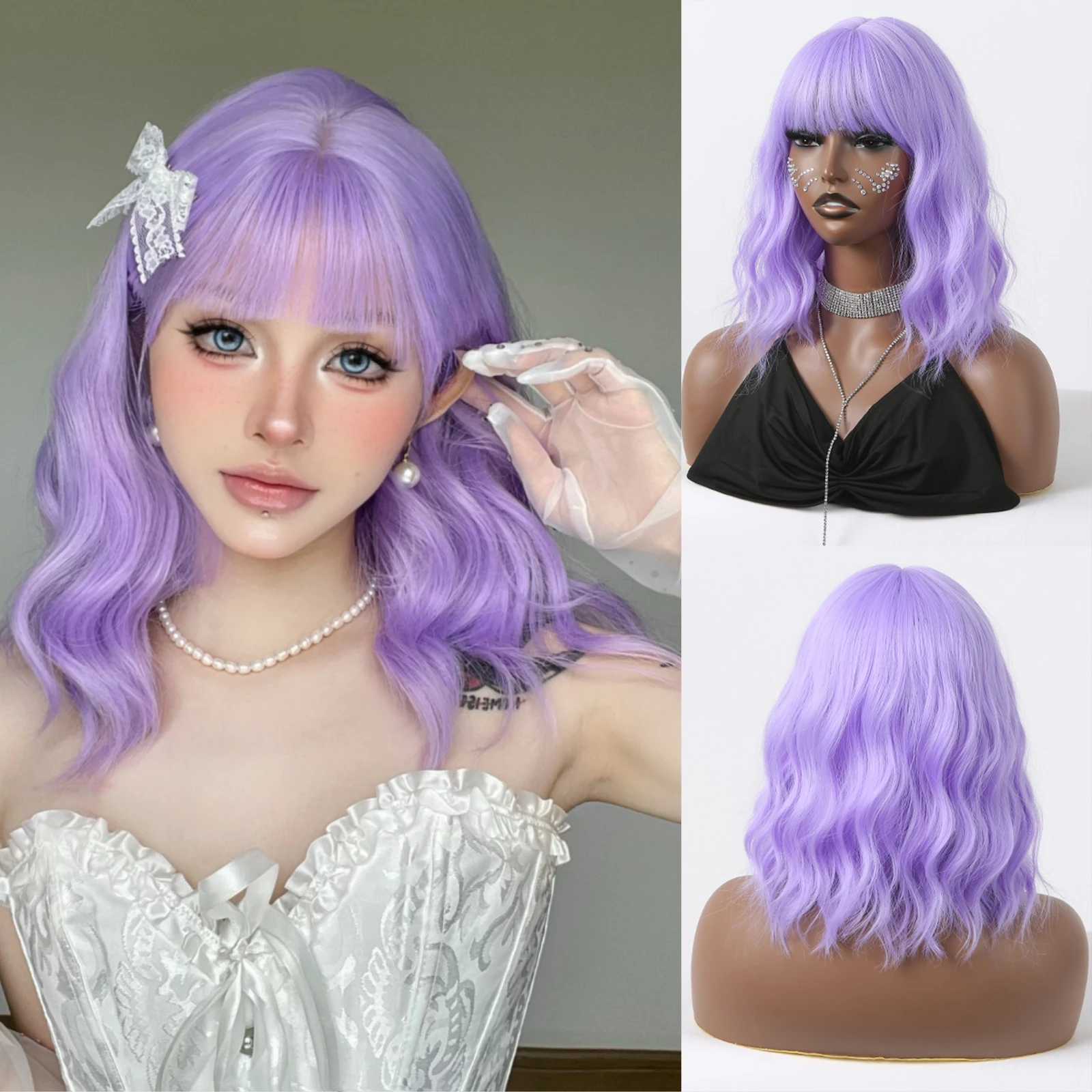 

Short Purple Bob Synthetic Wigs Water Wave Wigs Lolita Hair with Bangs for Women Party Use Heat Resistant Colorful Cosplay Wig