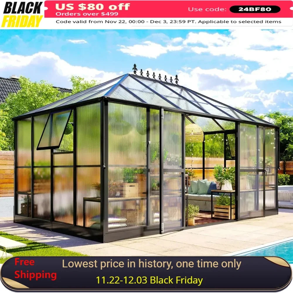 14x9.5x9 FT Greenhouse with 2 Ventilation and Rain Gutter, 6 FT Wall Height, Double Doors with Hook, Polycarbonate Greenhouse