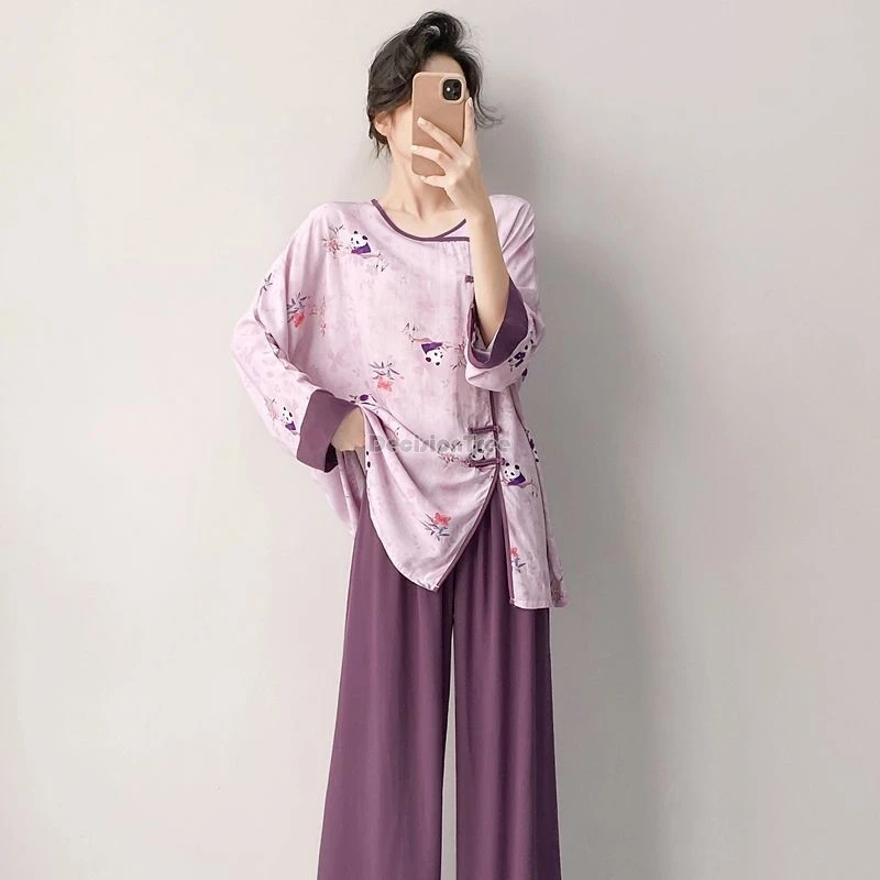 women's spring/summer new chinese style sleepwear 2026 new long sleeved top pants pajamas 2-piece set female printed buckle top