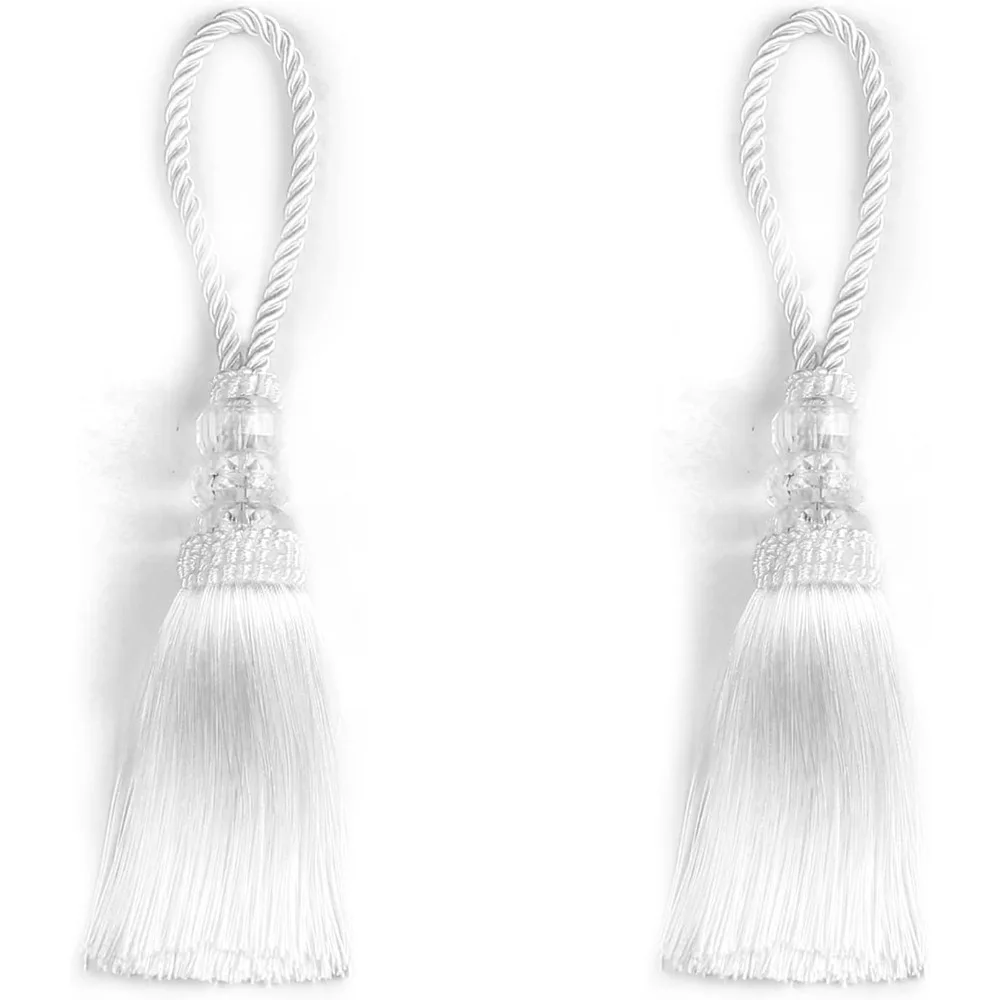 

2-Piece Gold and Silver Tassel Keychains with Rings, Large Handmade Tassel Crafts, Home Decor DIY Accessories (White, 2 Pieces)
