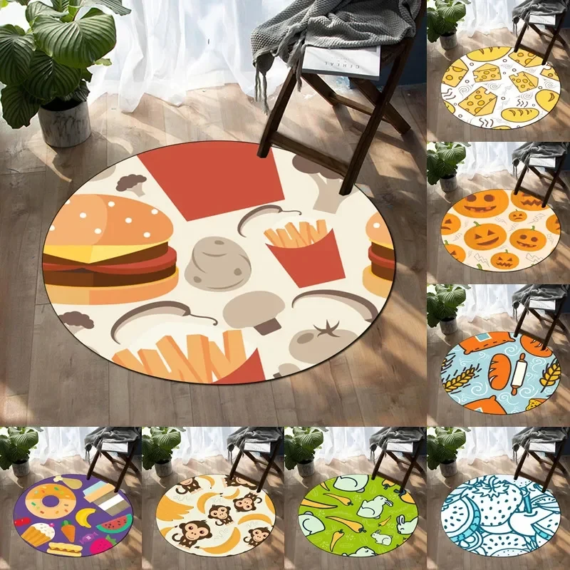 Delicious Food Print Round Carpet Cartoon Area Rug Soft Non-slip Circle Floor Mat for Bedroom Living Room Table Chair Sofa Decor