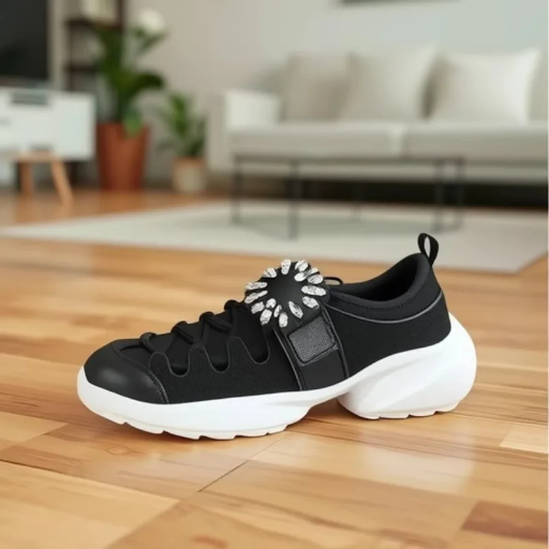

2025Women's round Toe Thick Bottom Heightening Crystal Buckle Elastic Band Sports Casual Shoes Lightweight Tennis Shoes
