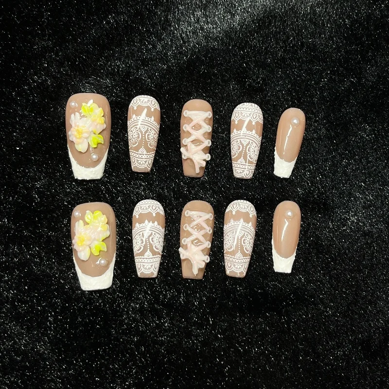 10 Stück handgemachte Nägel zum Aufdrücken, süße 3D-Schleife, Rüschen, langer Sarg, rosa, weiß, glitzernd, Kawaii-Blumen, künstliche Nägel, Acryl für Frauen