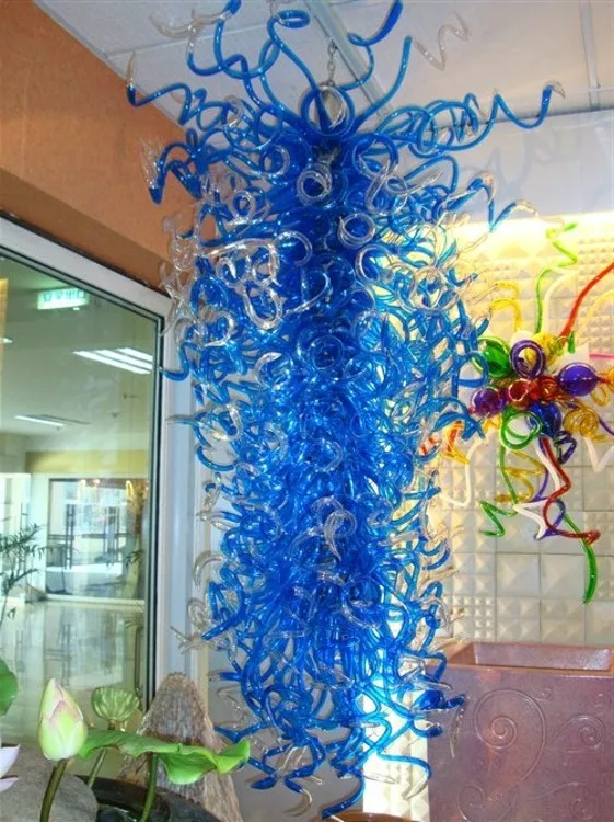 Classic Blue Hand Blown Glass Chandelier Lights Luxury Villa Art Pendant Lamp for Staircase Living Room Chain Decoration