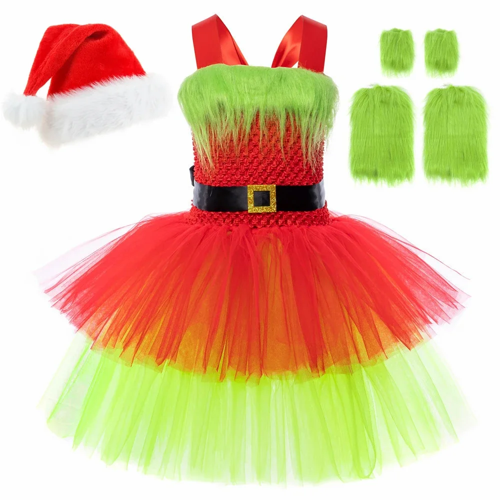 Santa Claus Grinch Costume Kids Girls Christmas Tutu Dress Outfit Toddler Girls Halloween Green Fur Monster Dress Up Clothes