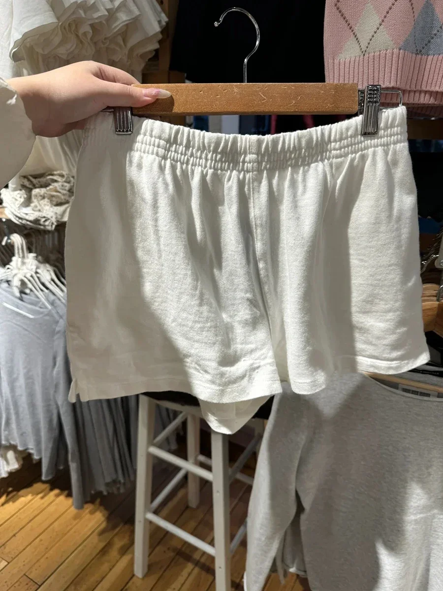 Simple Basic White Sweatshort Women Cotton Elastic High Waist Side Split Straight Loose Short Pant Vintage Streetwear Shorts Y2K