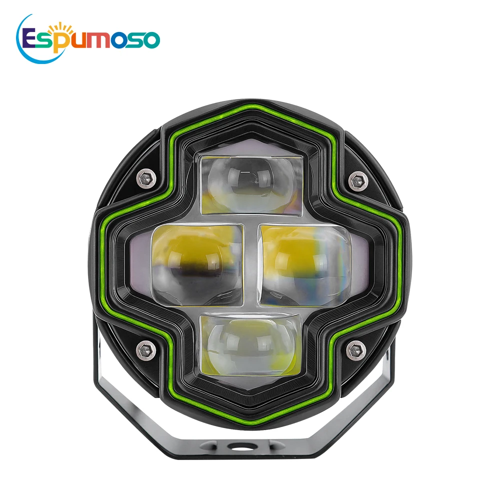 Motorcycle LED Spot Light Dual Color Hi/Low Beam Fog Lamps 4 Lens for Car Trucks SUV UTV Lens Headlight Driving Light