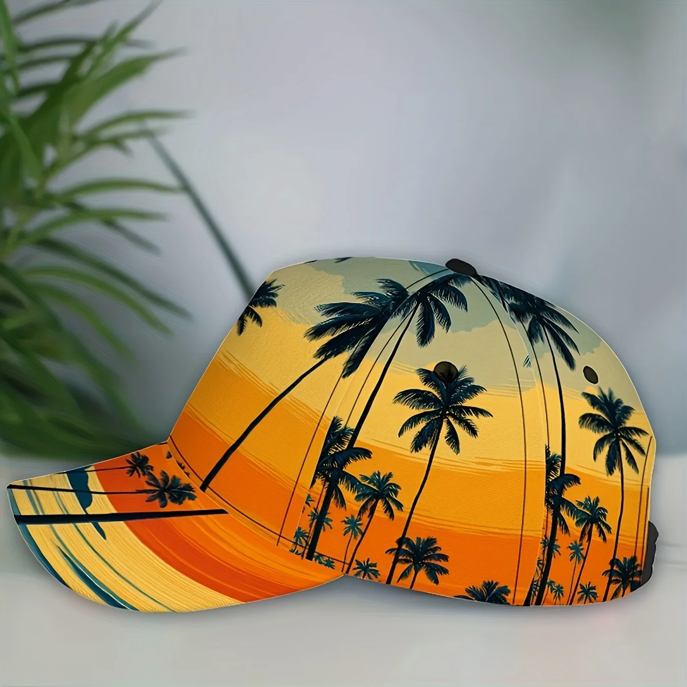 One Tropical Sunset Dreams Cap A Lightweight Snapback Featuring a Colorful Palm Tree And Ocean Design Perfect for Sports