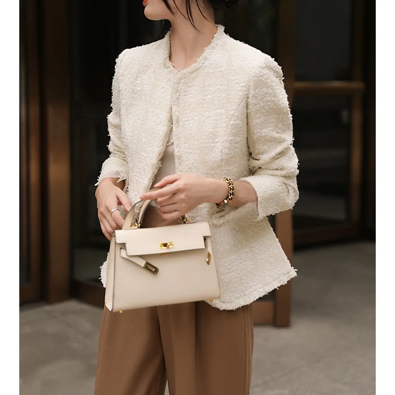 

Women Round Neck Tassel Tweed White Small Fragrance Coat High Quality Simple Dark Button Korea Chic Office Lady Jacket Outwear