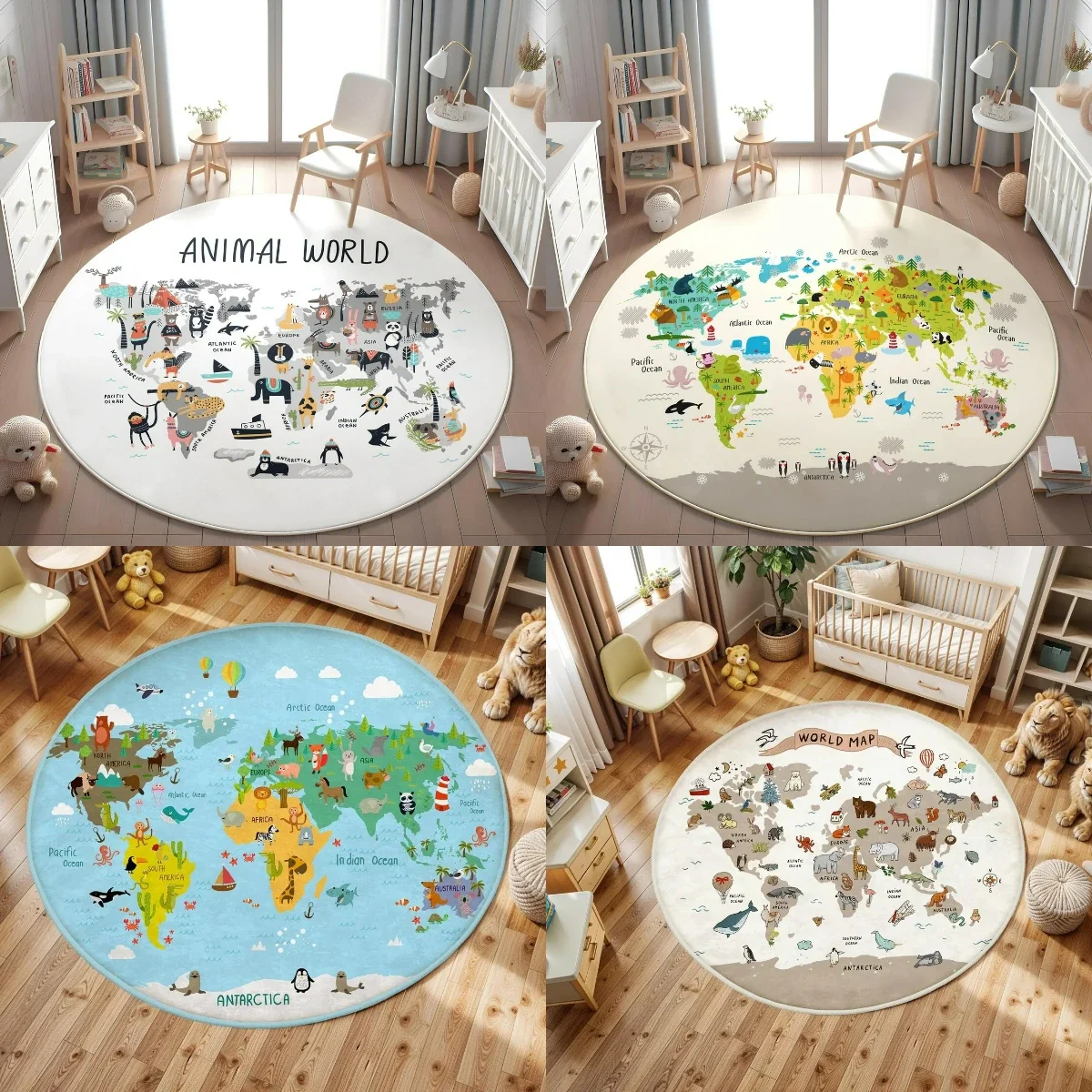 Alfombra de juego para chico, alfombra redonda con mapa del mundo de animales de dibujos animados creativos, alfombra de juego para sala de estar, alfombra de noche para habitación de niños, alfombra para el suelo de la habitación del guardería