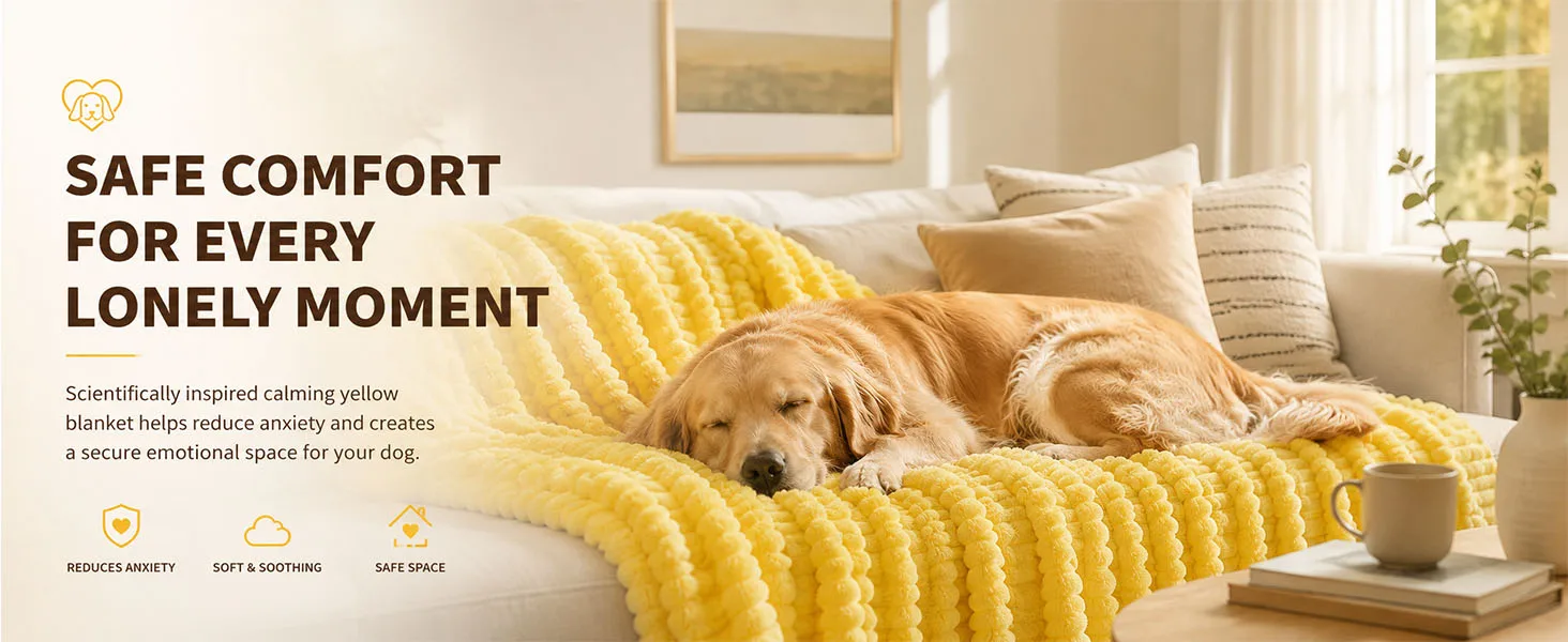 Calming yellow blanket helps reduce anxiety and creates a safe space for dogs