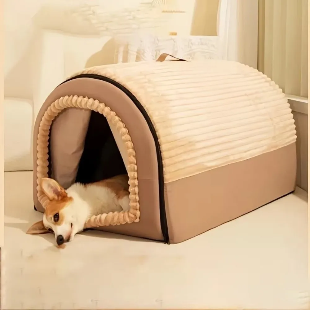 Winter Enclosed Pet House Detachable Soft Dog Bed & Cat Bed Anti-Slip Bottom with Door Curtain Warm Tent For Small Animals
