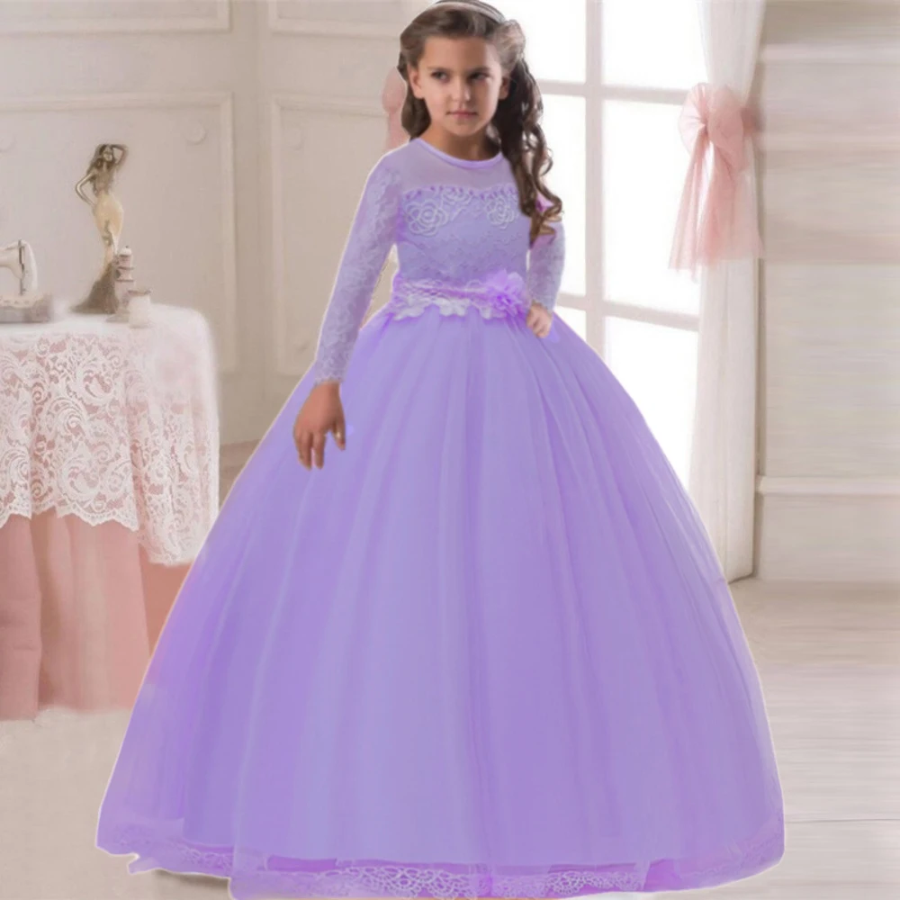 Long Sleeve White Bridemaid Girl Party Dresses Wedding Costume Bow Lace Flower Princess Dress for Kids Baptism Pageant Prom Gown