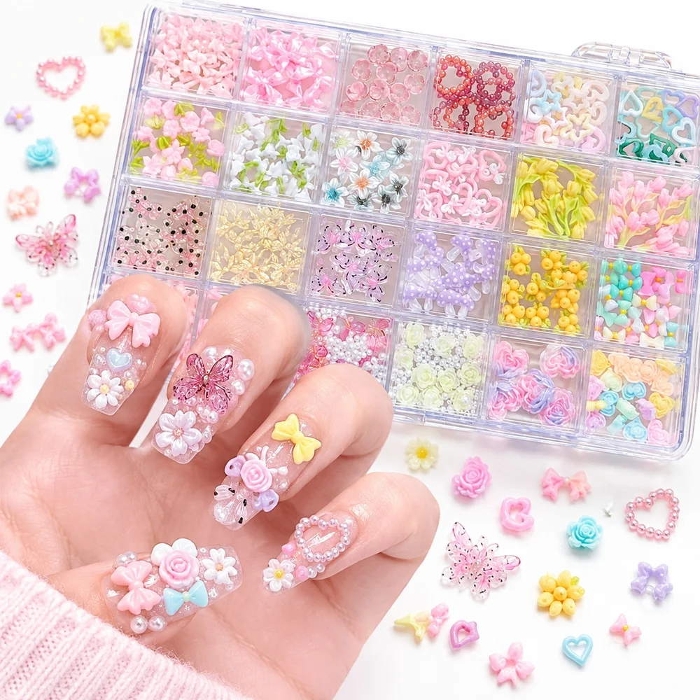 24Grids Matte Pastel Nail Art Charms Dreamy Cloud Bow Star Butterfly Set for Girls Slumber Party DIY Manicure Nail Decoration